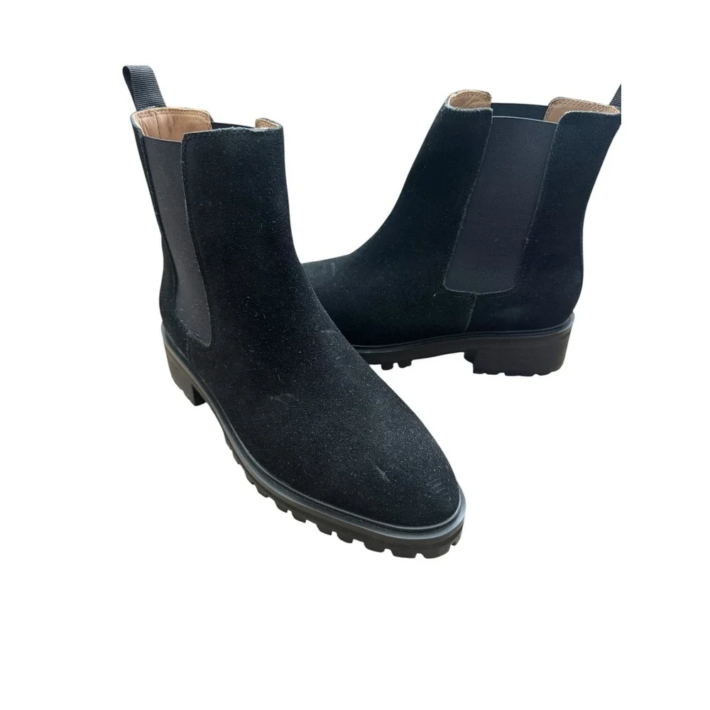 Quince Black Suede Lug Sole Chelsea Boots Ankle Booties Pull On Chunky Heel - Picture 3 of 5